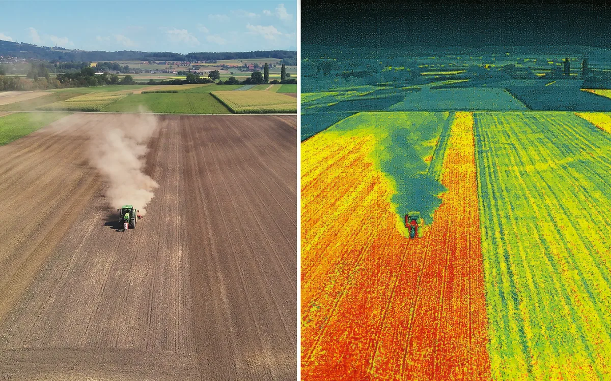 DG_Aufmacher_PB Die Farben im Wärmebild: Dunkelrot: max. 66,8 Grad; Hellgrün: min. 39,8 Grad. Der aufsteigende Staub von der Bodenbearbeitung ist kühler als das bereits vor längerer Zeit geeggte Feld links. Das Feld rechts sowie die Spur hinter dem Traktor sind ebenfalls etwas kühler, weil gerade frisch geeggt wird.