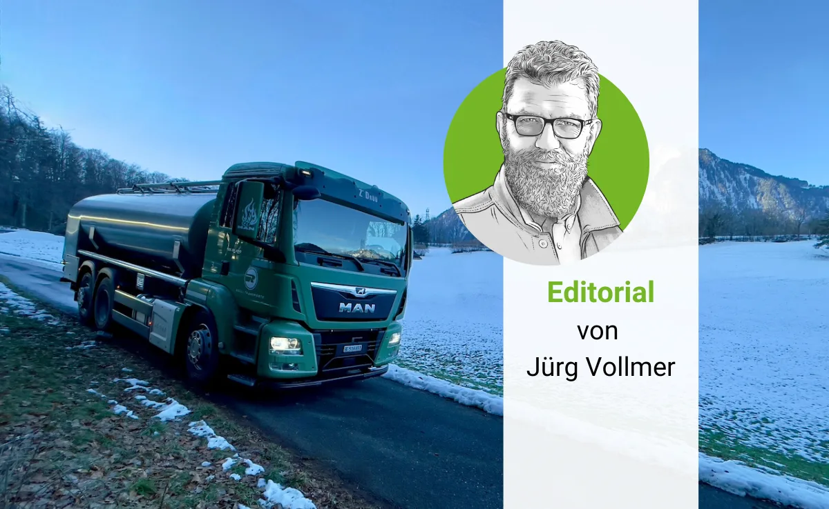 schweizer-milchmarkt-editorial-juerg-vollmer Porträtzeichnung von Jürg Vollmer neben einem Milchsammelwagen.