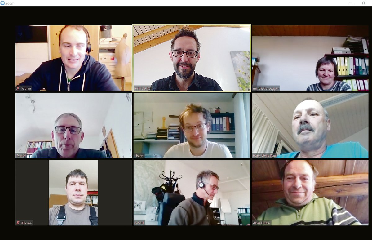 Der siebenköpfige BVA-Vorstand mit Geschäftsführer Ralf Bucher (oben Mitte) und Gast Matthias Müller, Landwirtschaft Aargau, (unten Mitte) «traf» sich vergangene Woche zur Videokonferenz.(Screenshot zVg)
