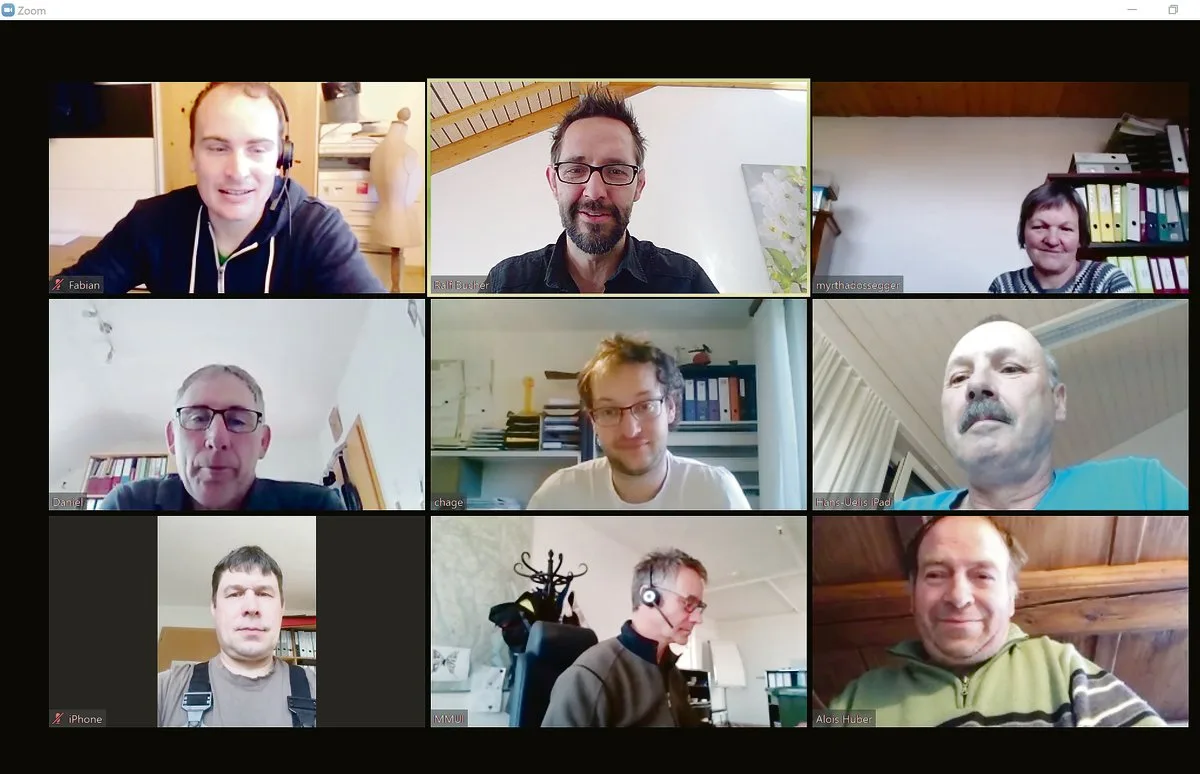 d13449fe706e675653a80311bed630604b2192e3 Der siebenköpfige BVA-Vorstand mit Geschäftsführer Ralf Bucher (oben Mitte) und Gast Matthias Müller, Landwirtschaft Aargau, (unten Mitte) «traf» sich vergangene Woche zur Videokonferenz.(Screenshot zVg)