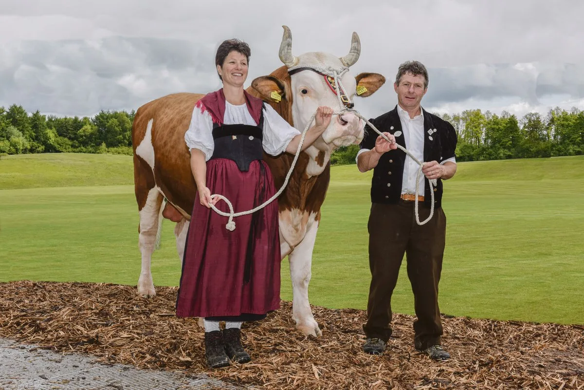 9d886602552f5ebefc3e45005cd4c429a666ec65 Anita und Johann von Grünigen aus Turbach BE mit dem Stier Fabbio Achill, anlässlich der Dauerausstellung an der BEA 2018.(Bild Robert Alder)