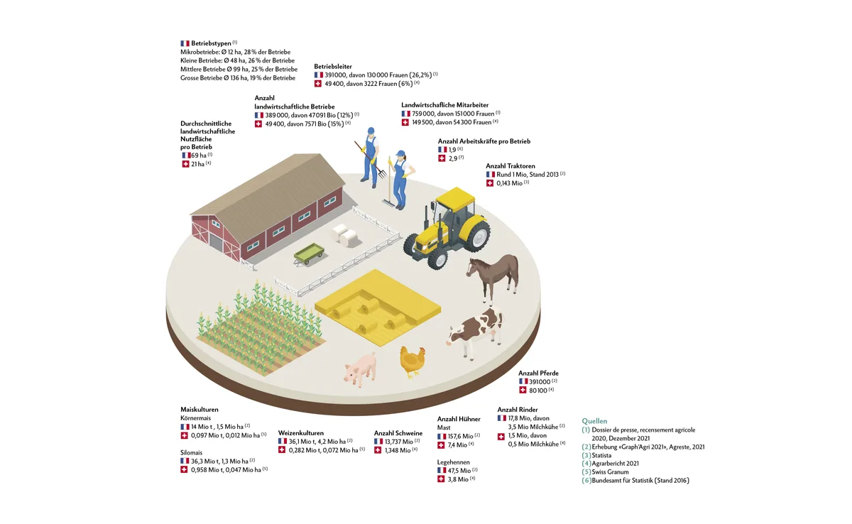 dg04-ap_-fr-doris-rubin Die Daten der Grafik stammen aus diesen Quellen: Quellen (1) Dossier de presse, recensement agricole 2020, Dezember 2021 (2) Erhebung «Graph’Agri 2021», Agreste, 2021 (3) Statista (4) Agrarbericht 2021 (5) Swiss Granum (6) Bundesamt für Statistik (Stand 2016)