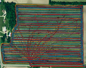 Sämtliche Überfahrten für einen Aufwuchs einer Kunstwiese wurden mittels GPS aufgezeichnet für Untersuchungen der Universität Wisconsin.