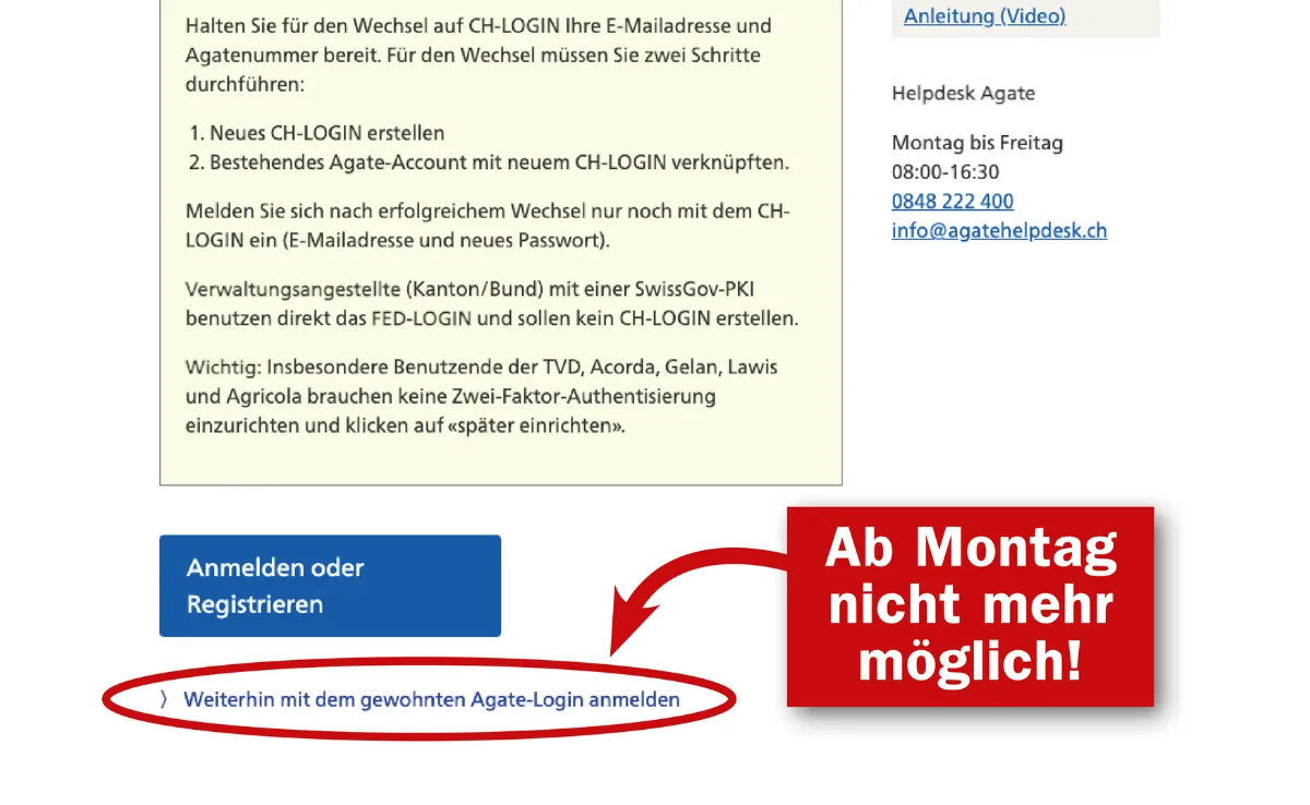 agate-login Agate ist in den letzten Zügen – bald wird der Wechsel auf CH-Login erzwungen