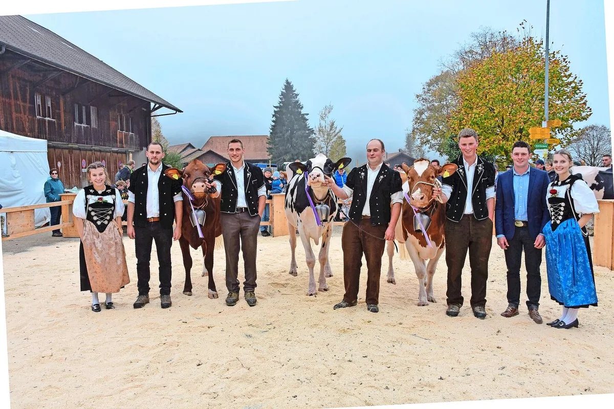 Die Champion-Wahl der älteren Kühe; SF/SI: Gulliver Meggitt, Beat Dürrenmatt; RH/HO: Underwood Chief Noemie, Familie Binggeli; Schöneuter: Studema’s Odyssey Ramona, Ueli Staudenmann (v. l. n. r.).