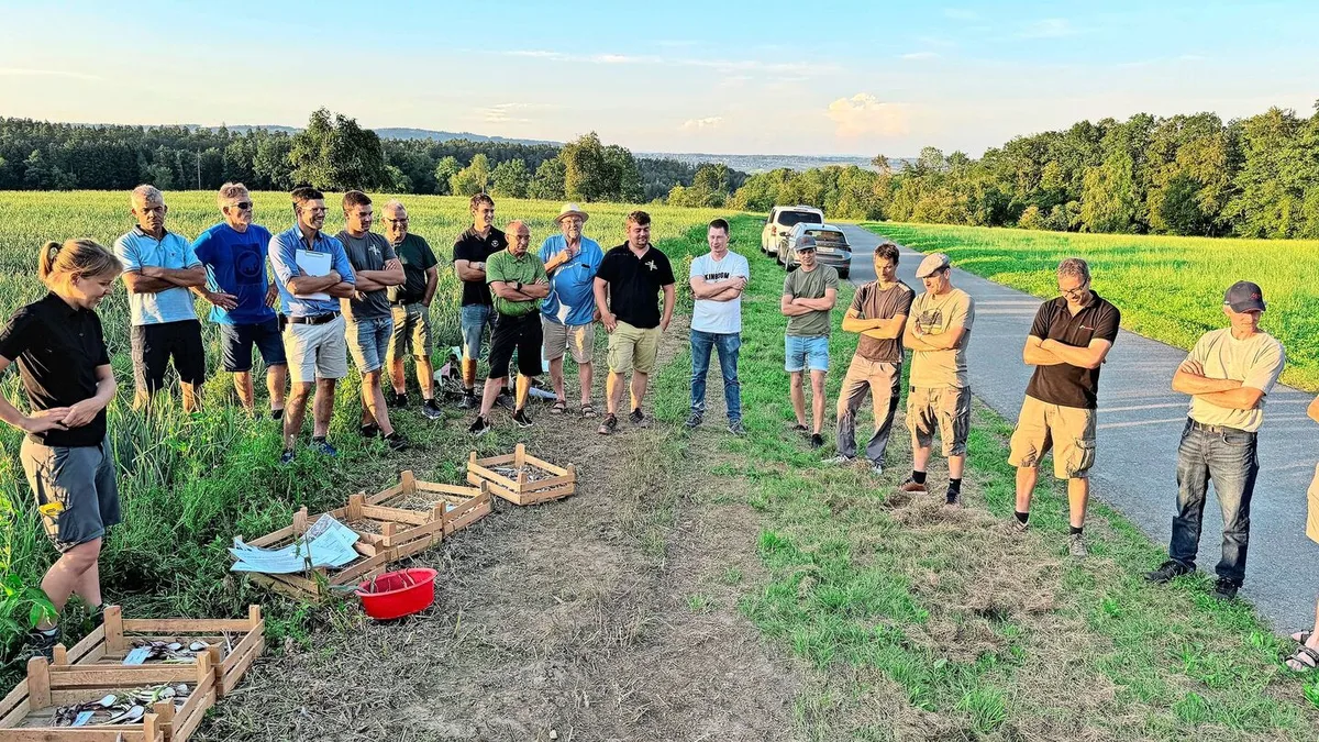 5e56eac87061f7245e22b4ffe5415c660711f315c41d518a2130ecd641dac5e2 Wie sind die Zwiebeln auf eurem Betrieb? Andrea Marti (ganz links) stellte diese Frage, die Landwirte diskutierten untereinander. Die Antworten fallen unterschiedlich aus, Region und Boden spielen dieses Jahr eine grosse Rolle.