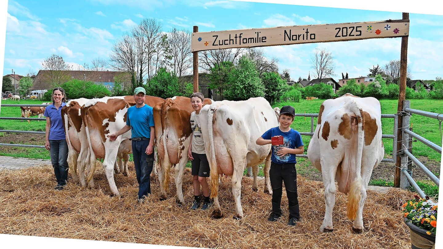Die Freude über den Erfolg an der Zuchtfamilienschau um Stammkuh Narita (rechts) ist bei Nicole Hälg, Urs Guggisberg und den Söhnen Dario und Armon (v. l. n. r.), gross.