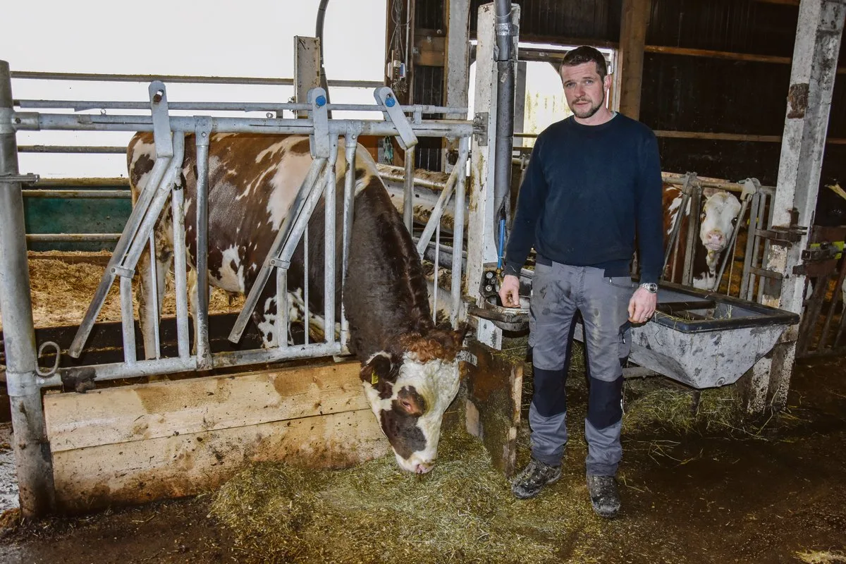 cfe7de3d45634ad4caf0d79f6cfdbee2d817ed12 Reto von Dach mit seinem gut zweijährigen Stier Artemis Obelix. «Er hat einen guten Charakter, aber auch bei ihm muss man vorsichtig sein», sagt von Dach.(Bild Peter Fankhauser)