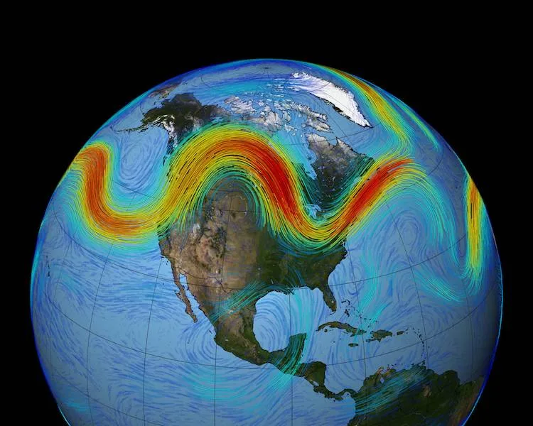 8be54afa17267d1c09d2bb666701ba9611293705 Jetstreams sind globale Windsysteme. Sie kommen in den letzten Jahren häufiger ins Stocken, das Wetter bleibt sozusagen "stehen". Wetterextreme sind die Folge. (Bild Nasa)