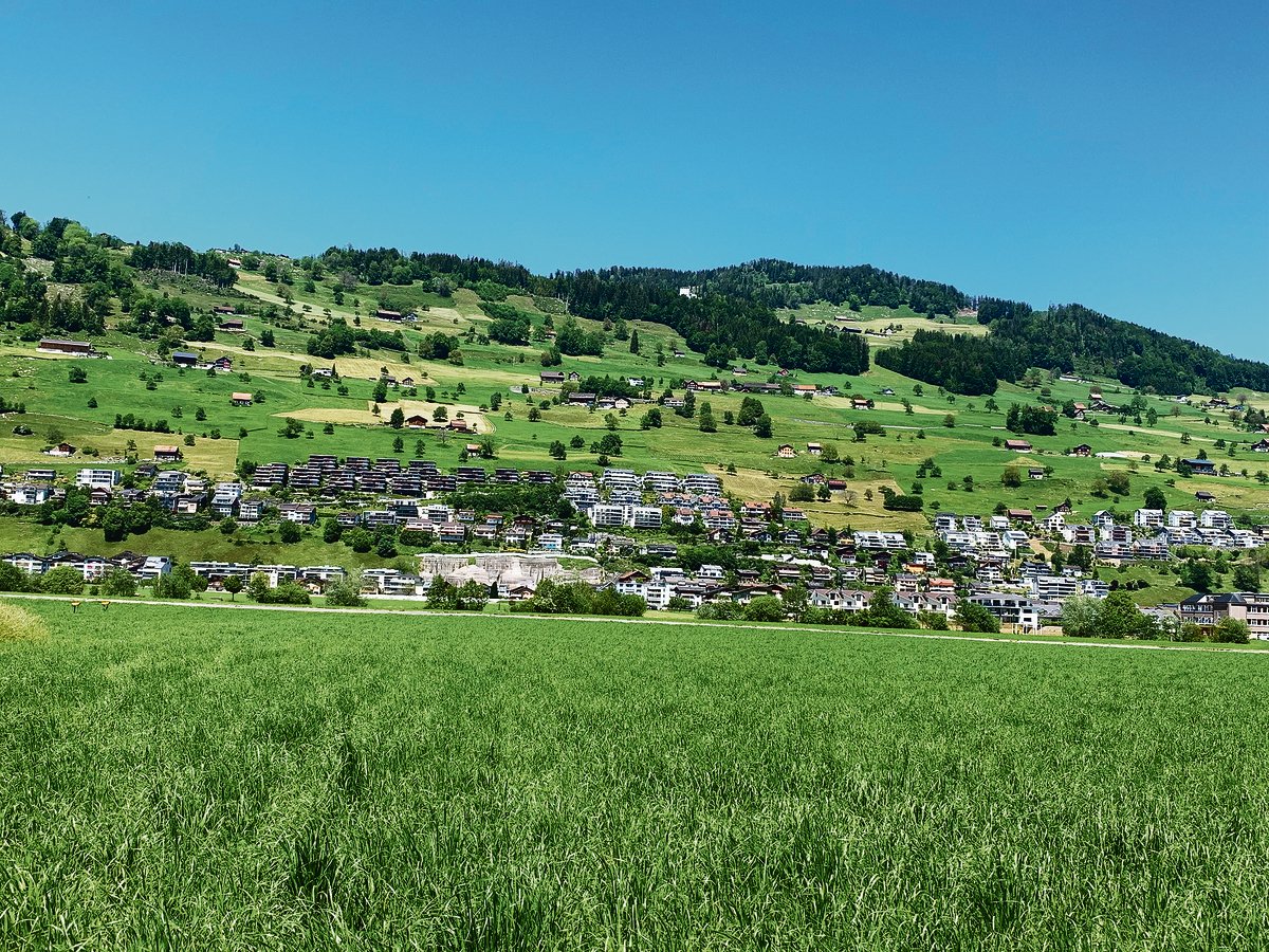 Blick an den unten dicht überbauten Bürgenberg bei Ennetbürgen. Wenn die Bauern oben in der Landwirtschaftszone ihre Scheunen erweitern oder neu bauen wollen, macht der Landschaftsschutzverband vermehrt Einsprachen.  (Bild Josef Scherer)