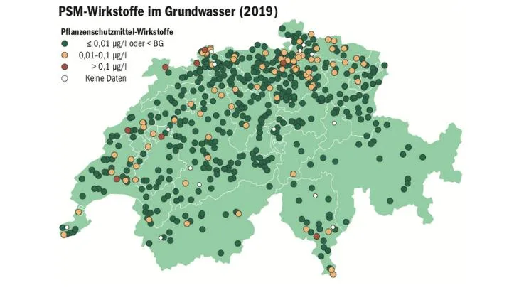 07a276559a57a41c034d28bf1e3aa9ad2cb13230 Am Grossteil der Messstellen waren die Messwerte sehr gering. (Quelle Bafu/Grafik verändert nachmi)