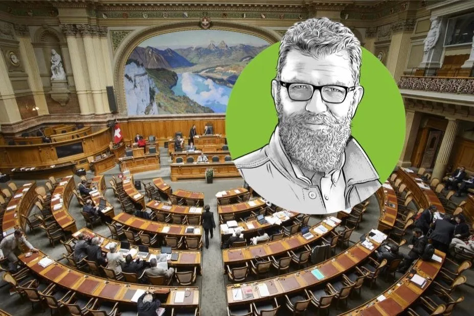 9c502bd5bdad43e97659932ef1b168d6a322465c Der Nationalratssaal im Bundeshaus in Bern, Porträtzeichnung von «die grüne»-Chefredaktor Jürg Vollmer. (Bild: parlament.ch / Illustration: Bruno Muff)