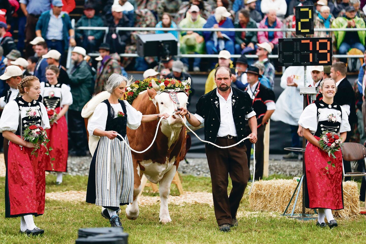 Andrea und Hansueli Aebersold aus Beatenberg BE mit ihrem Stier Araris, dem Siegerpreis am Unspunnen-Fest, beim Einmarsch in die Arena.