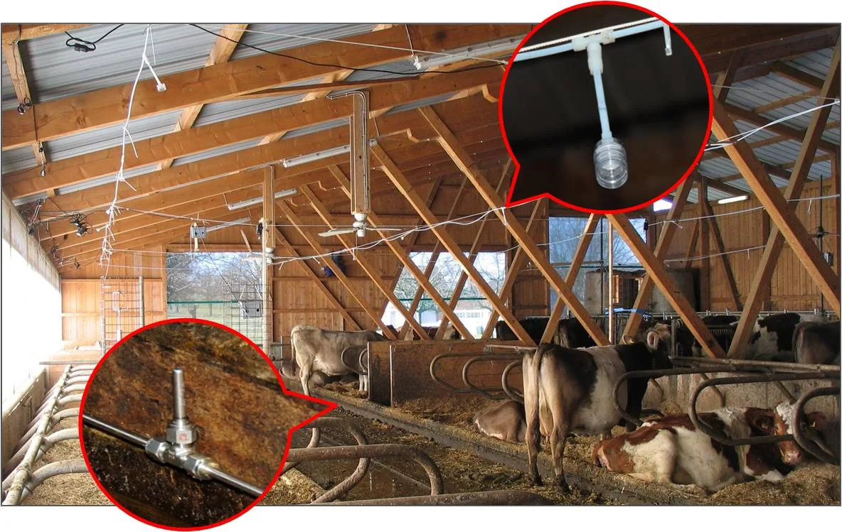 08d91e0e703baf8a285a1653e4f0f7dc3577ab43 Mit den rot hervorgehebenen Einrichtungen werden die Emissionen gemessen. (Bild Agroscope/weitere Bilder Michael Götz)