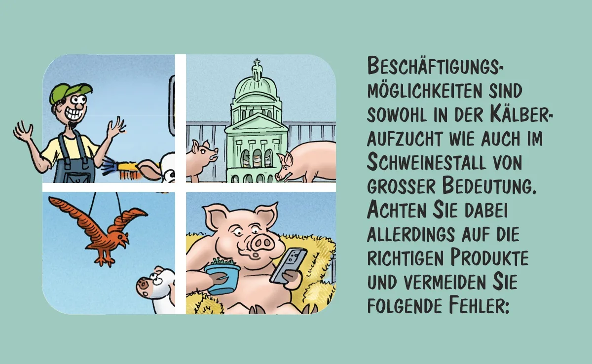 Cartoon von Marco Ratschiller/Karma: Beschäftigungsmöglichkeiten für Kälber