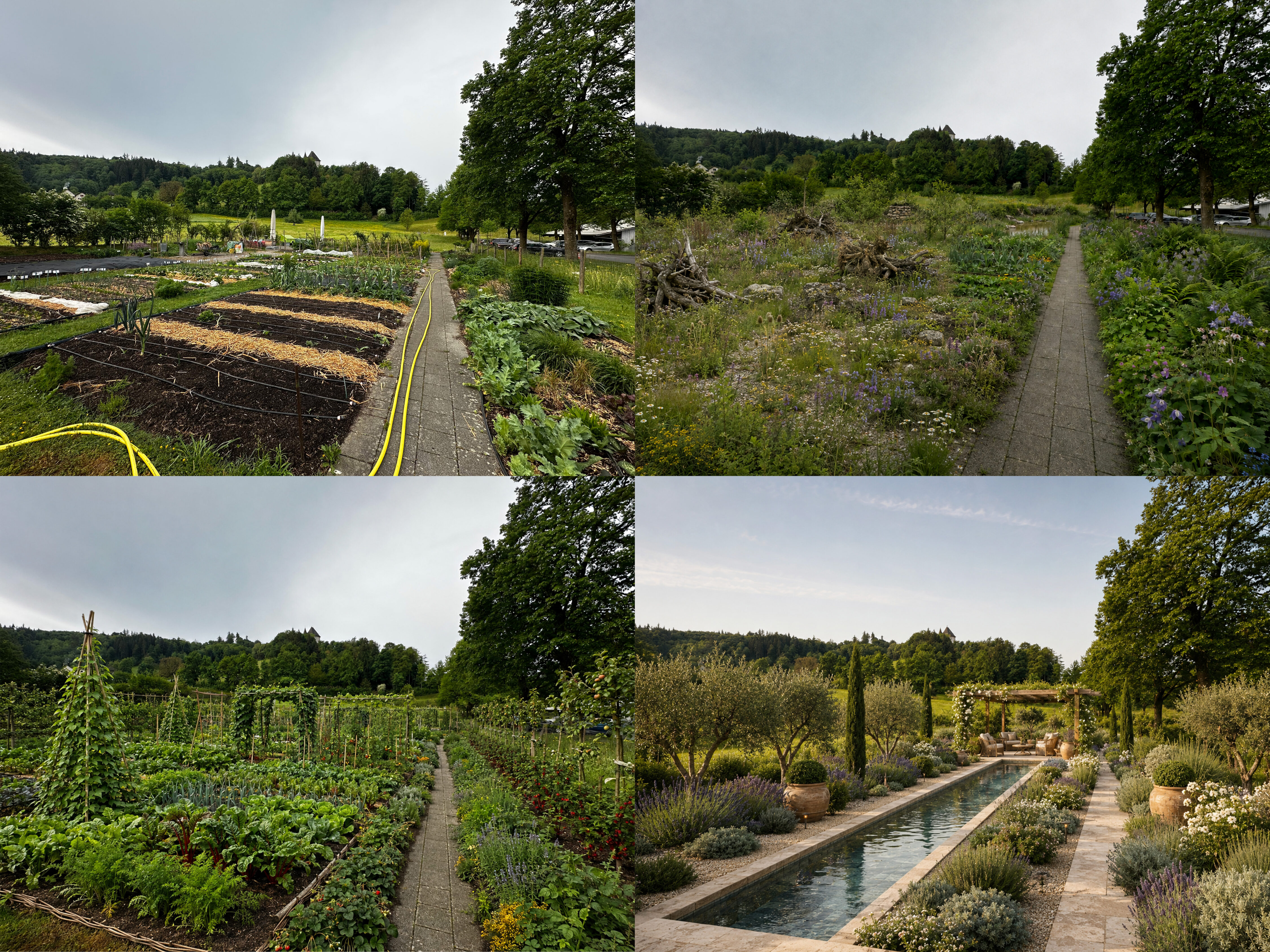 So sieht der Ausbildungs- und Praxisgarten der Liebegg in Wirklichkeit aus (oben links). KI hat anhand des Originalbildes andere Versionen erstellt: naturnaher Garten (oben rechts), produktiver Gemüsegarten (unten links) und mediterraner Garten mit Wasserspiel (unten rechts). 