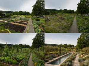 So sieht der Ausbildungs- und Praxisgarten der Liebegg in Wirklichkeit aus (oben links). KI hat anhand des Originalbildes andere Versionen erstellt: naturnaher Garten (oben rechts), produktiver Gemüsegarten (unten links) und mediterraner Garten mit Wasserspiel (unten rechts).