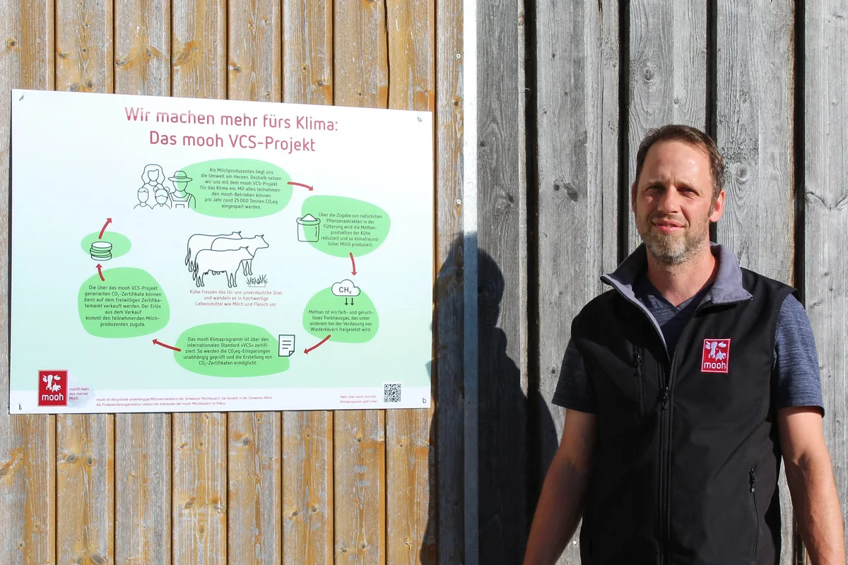 Mooh-Klima-Aregger Keine Klimasünder! Eine neue Infotafel soll den Mehrwert des Mooh-Klimaprogramms sichtbar machen