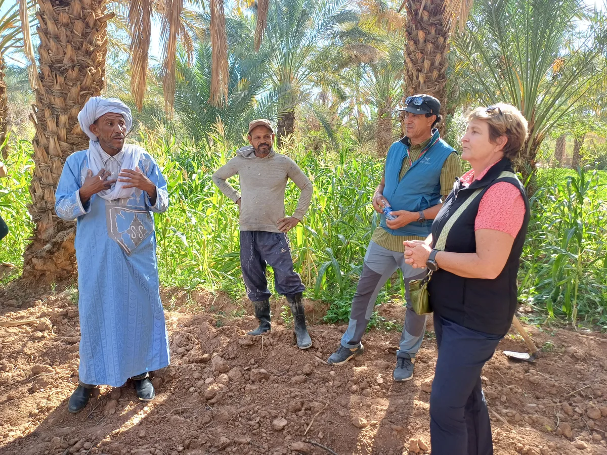 20241121_121108.jpg Das Reiseleiter-Ehepaar Lahoucine und Beatrice Oulkadi (r.) führte zusammen mit lokalen Landwirten durch die Reise. Hier im Dattelhain des Draa-Tals.