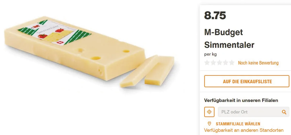 d7e53821e232cf61f7b71d7474a9f418dd18cf27 Das Objekt der Diskussion: Switzerland Swiss in der Migros-Budget-Verpackung unter dem Namen «Simmentaler». (Bild Screenshot Migros)