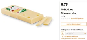 Das Objekt der Diskussion: Switzerland Swiss in der Migros-Budget-Verpackung unter dem Namen «Simmentaler». (Bild Screenshot Migros)
