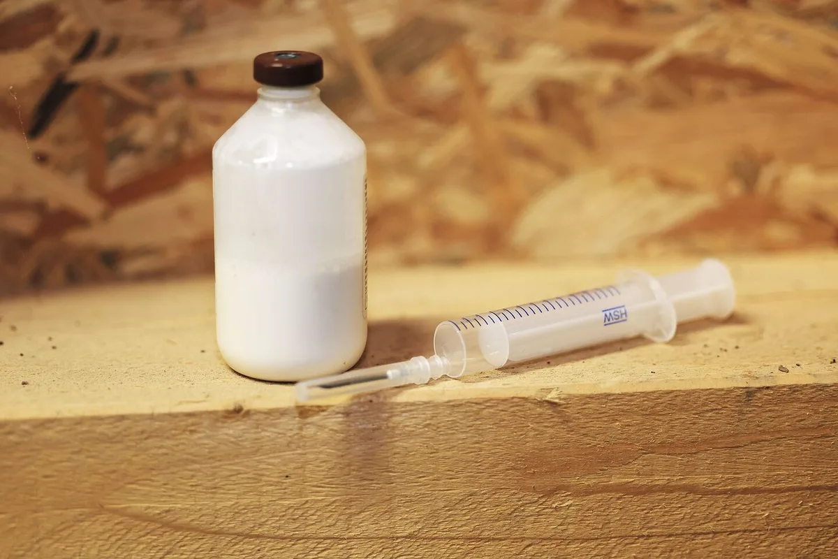 e3c36de56f51eed62a518ac794a8095cb2ac5dfc082a9a9f7c2007e5f471f577 Eine Flasche mit weisser Flüssigkeit (Antibiotikum) steht auf einem Holzbalken im Stall. Daneben liegt eine leere Spritze.