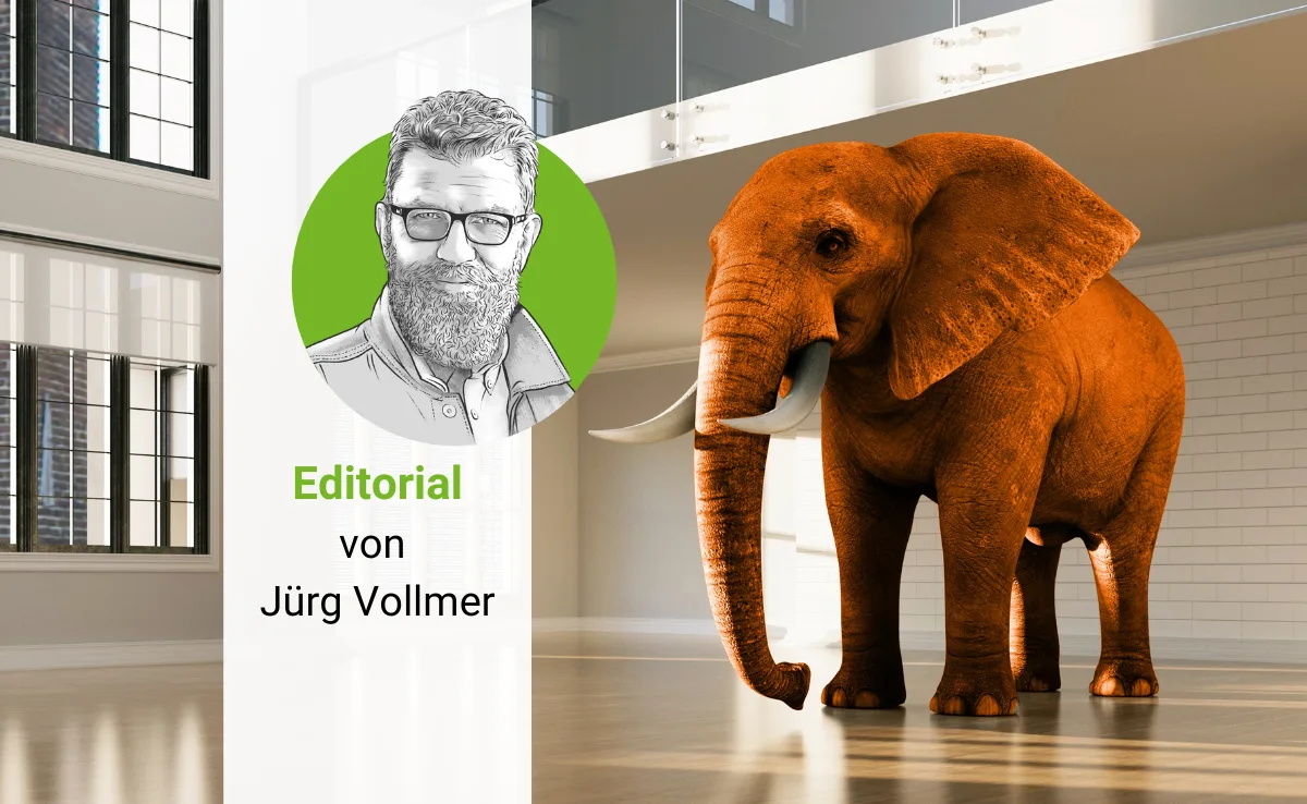 Oranger Elefant in einem grossen Raum, daneben Porträtzeichnung von Jürg Vollmer.