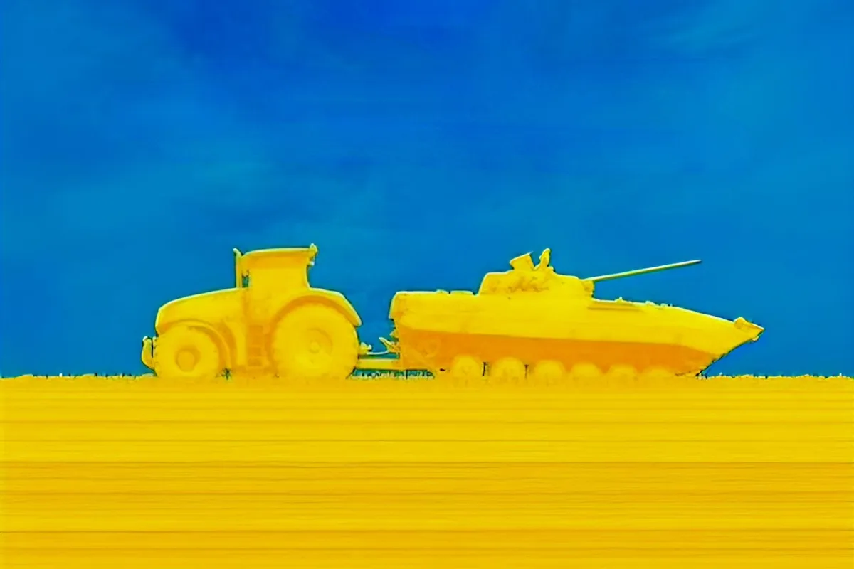 ukraine-flagge_traktor_panzer Zeichnung eines Traktors, der einen russischen Panzer abschleppt.