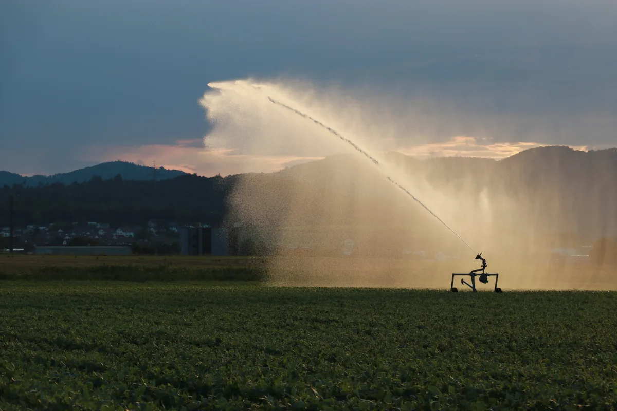 Ein bekanntes Bild sind die Rollenregner-Anlagen mit den Weitwurfdüsen. Der Wasserdruck treibt auch den Rückzieh-Mechanismus an. 