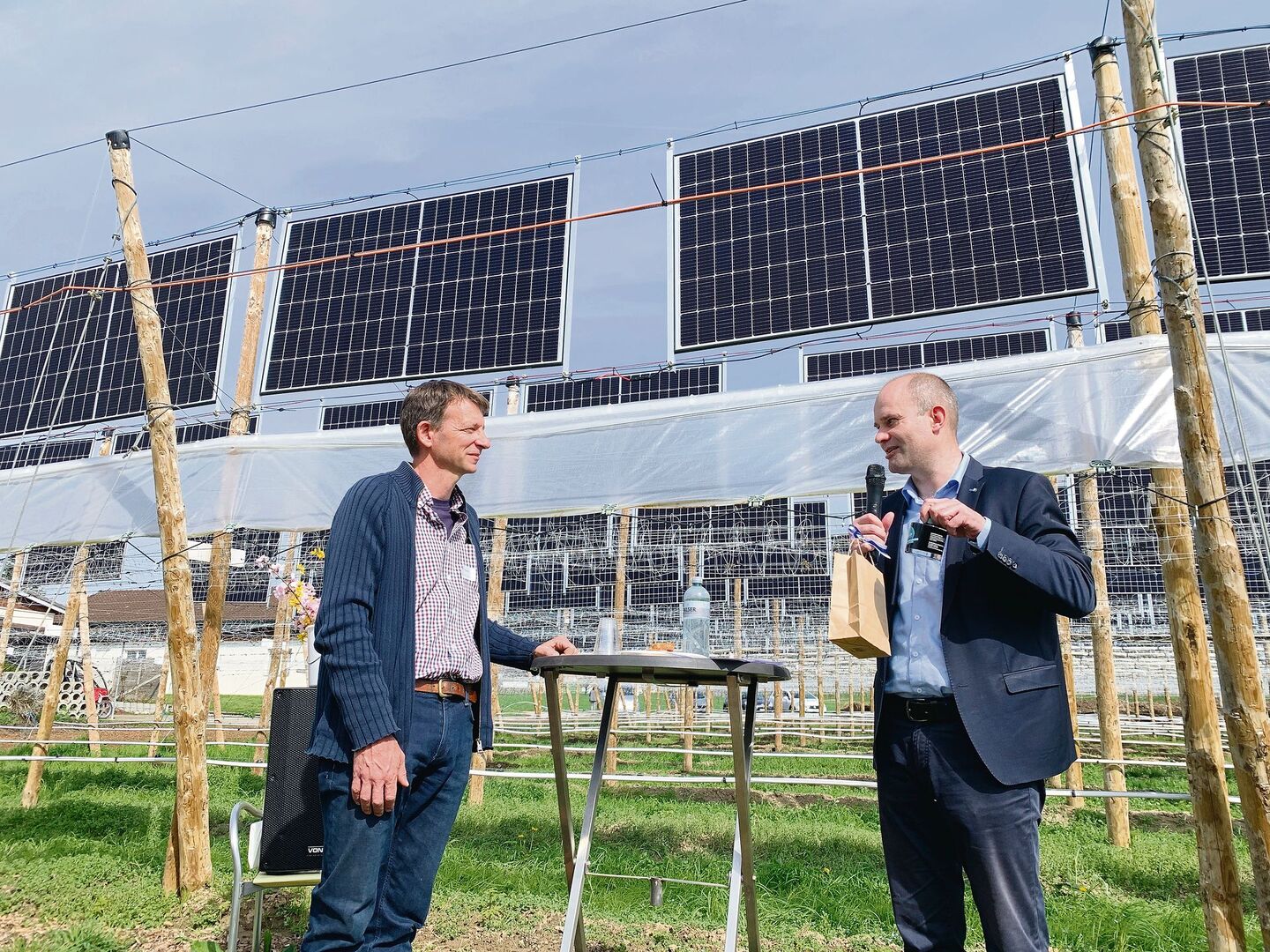 Der Luzerner Regierungsrat Fabian Peter (r.) gratuliert Biobauer Heinz Schmid zur Pilotanlage mit drei verschiedenen Systemen von Agri-Photovoltaik über Himbeeren.