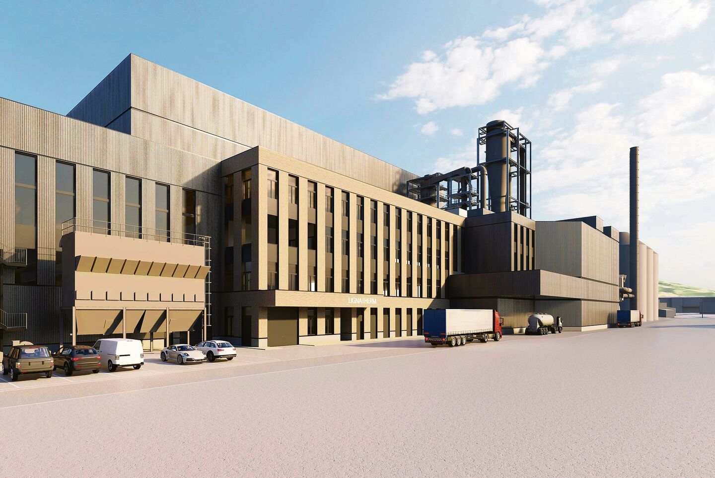 Ansicht des grossen Werkes mit Produktionshalle, Hochregallager und Energiezentrale im Fänn, Küssnacht.
