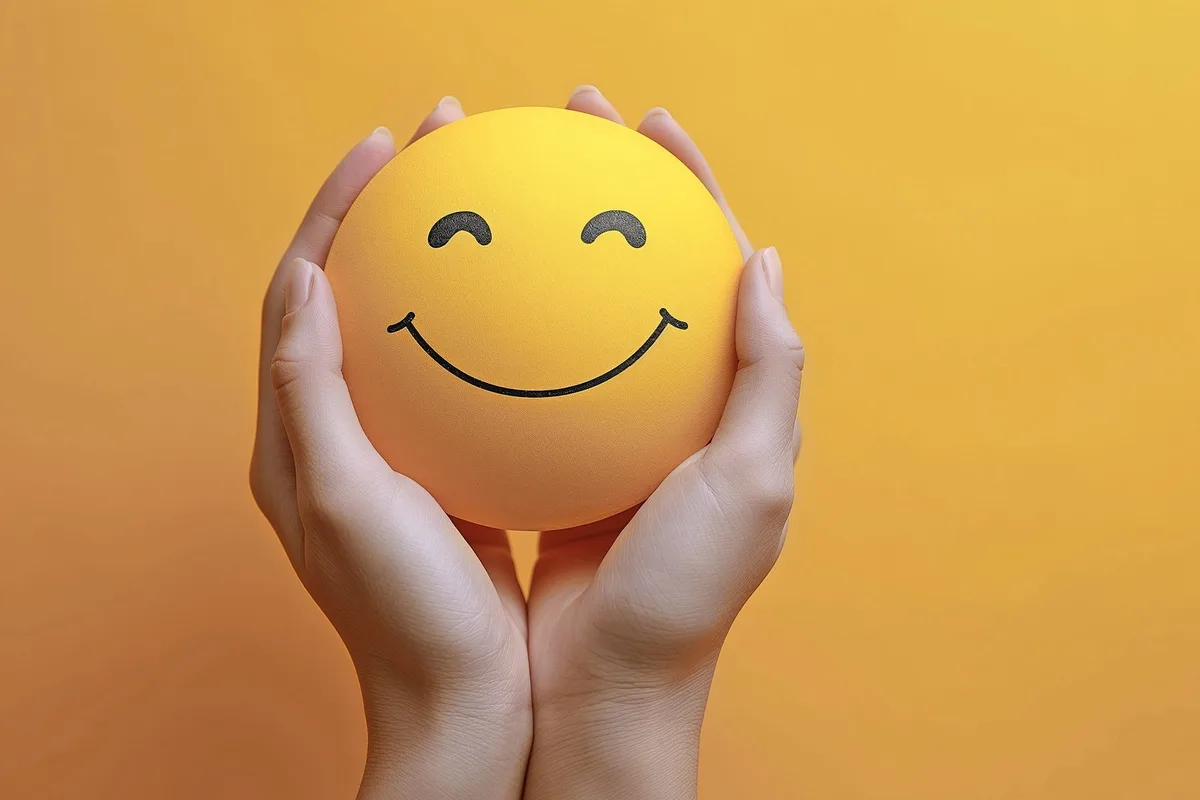 BZ-LAN2-34-Optimismus “Joyful Stress Relief: Smiley Face Stress Ball in Hands”
