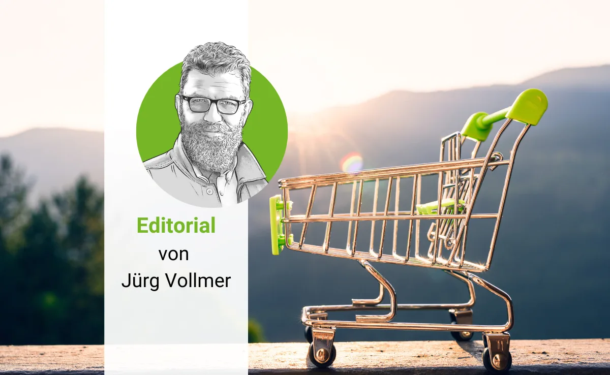 editorial-bio-suisse-juerg-vollmer Grüner Einkaufswagen und daneben das Porträt von Jürg Vollmer.