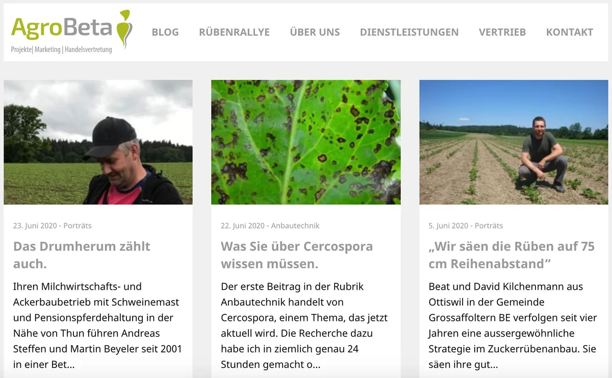 8cce2f85fc255c95adc64283809a25ab908e8694 Zur Unterstützung des Schweizer Zuckerrübenanbaus und der Schweizer Zucker AG wurde der AgroBeta Blog ins Leben gerufen. (Screenshot Katrin Erfurt)