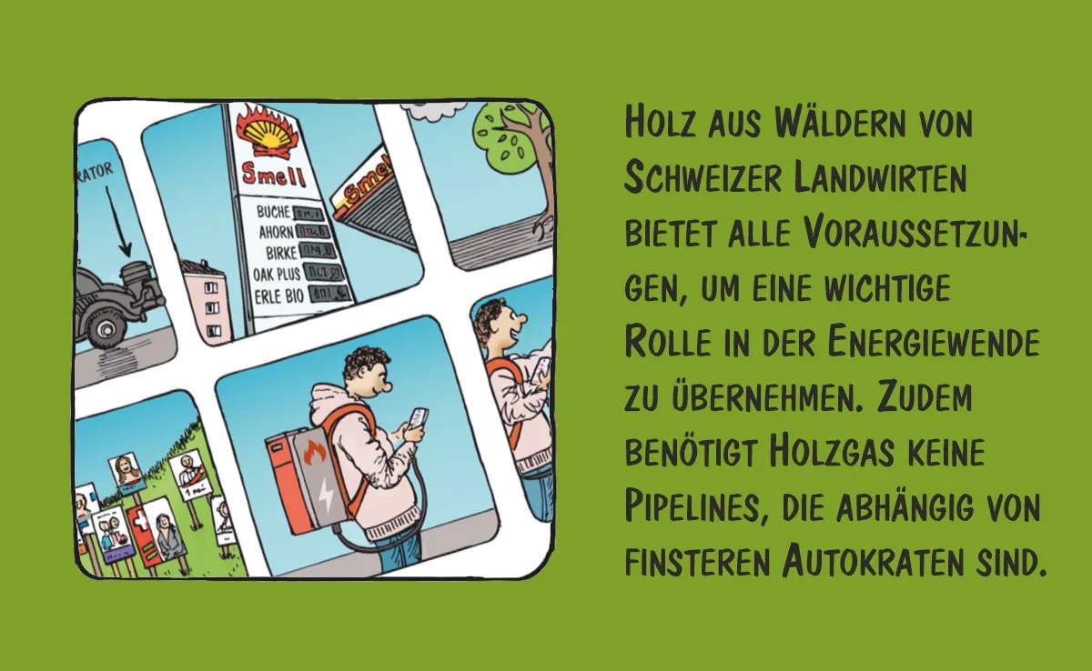 00_November Cartoon von Marco Ratschiller/Karma: Holzenergie aus Schweizer Wäldern