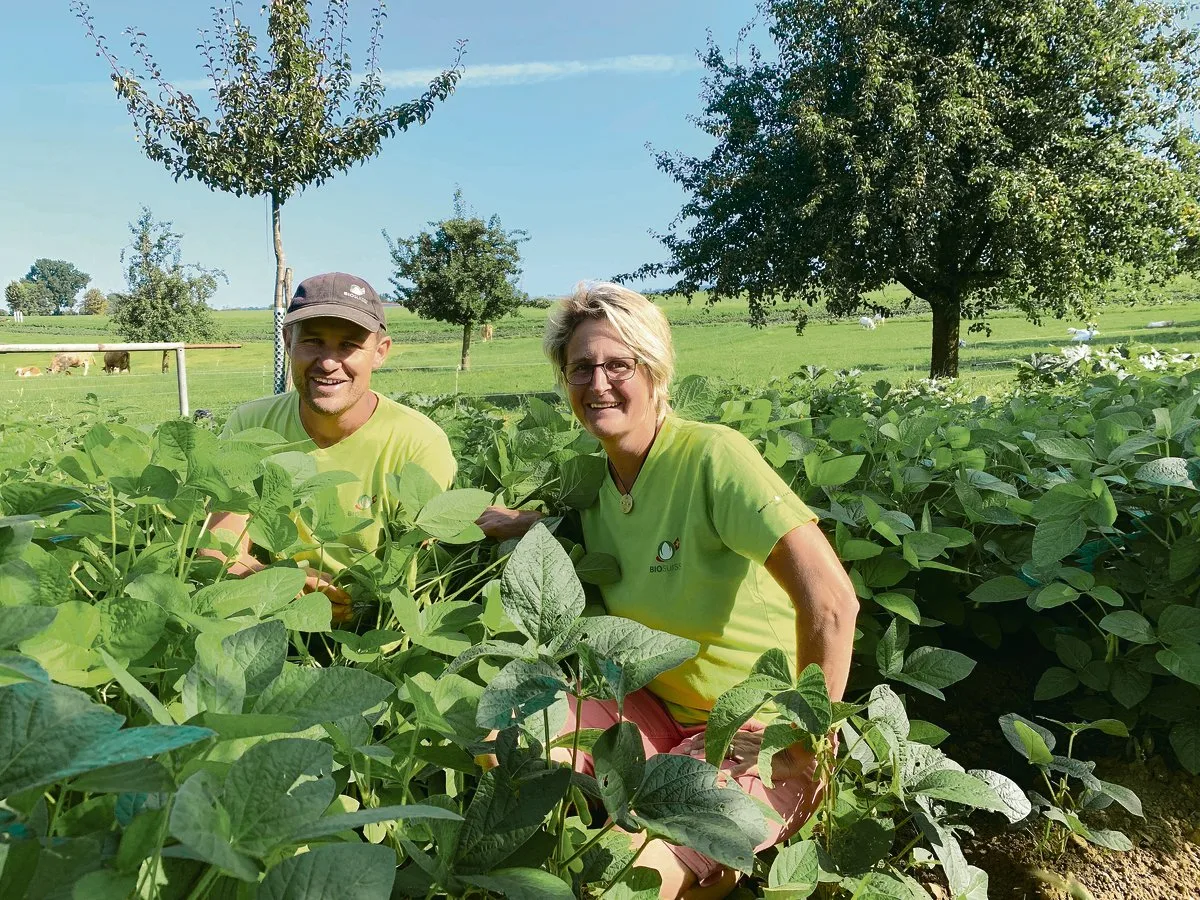 7612c4b25cb30c1ab690bfdf5cb4808d5ad37428 Christina und Christian Meier im Feld mit Speise-Sojabohnen. Die ganzen Hülsenfrüchte sind als gedünstetes Gemüse vor allem in der asiatischen Küche sehr beliebt. (Bild Josef Scherer)