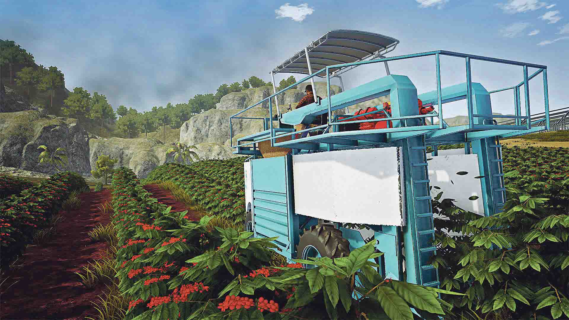 Pure Farming hat einiges an hierzulande wenig bekannter Landtechnik zu bieten: Der Skybury-Kaffeevollernter bei der Arbeit in Kolumbien. (Bild Screenshot Pure Farming)