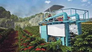 Pure Farming hat einiges an hierzulande wenig bekannter Landtechnik zu bieten: Der Skybury-Kaffeevollernter bei der Arbeit in Kolumbien. (Bild Screenshot Pure Farming)