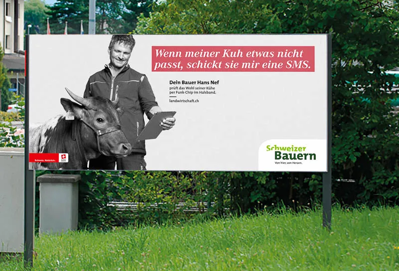651f20fe8f81dfb6a75f7ef9fe350bf5fd2f0b79 Das Plakat von Hans Nef soll zeigen, dass die Landwirtschaft heute auch digital vernetzt ist. Das Publikum versteht die Verbindung zwischen Bild, Text und Realität aber nur halbwegs. (Bild zVg)