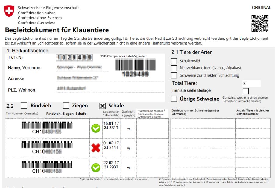 Das Bild zeigt eine Veranschaulichung des Begleitdokuments für Klauentiere. (Bild Proviande)