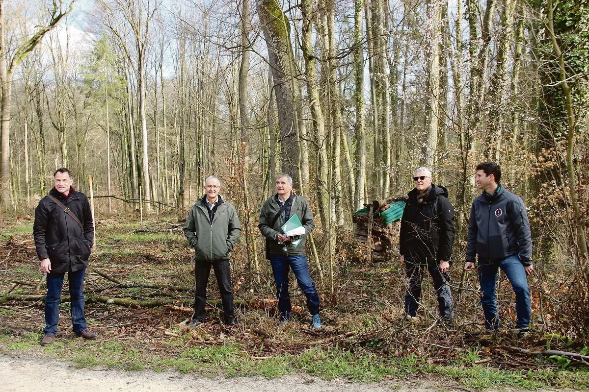f6f2c5c42058d5d7c85ffe42761a2add116778c7 Sie führten den Anlass durch: Kaspar Sutter, Regierungsrat BS, Thomas Weber, Regierungsrat BL, Ueli Meier, Leiter Amt für Wald beider Basel, Markus Lack, Revierförster Vorderes Leimental, und Thomas Jundt, Waldchef Bürgergemeinde Binningen. (Bilder Ruth Steffen)