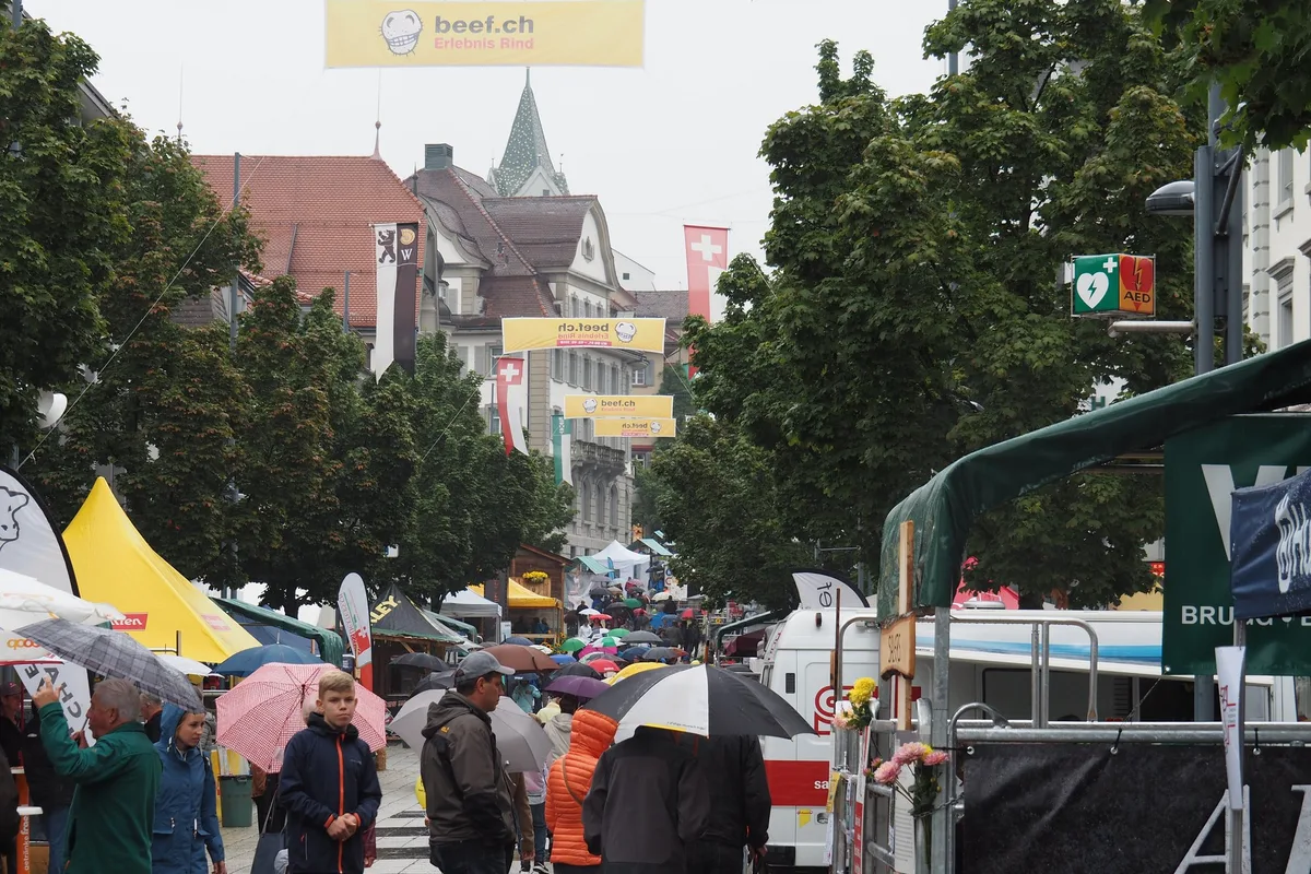 597bf85c269d92322bd1dd822200df838c9c64f8 Trotz Regen besuchen bereits am Samstagmorgen zahlreiche Besucher die Beef.ch (Bilder chw)