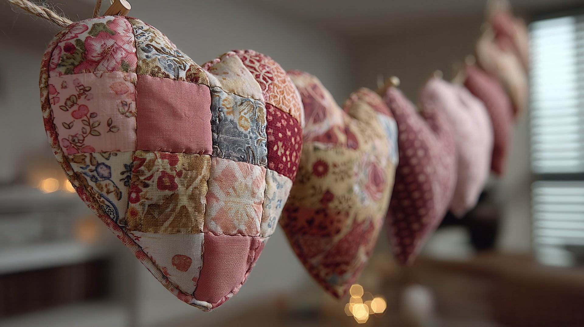 valentine day in patchwork style concept. Colorful fabric hearts hanging in a cozy indoor setting.