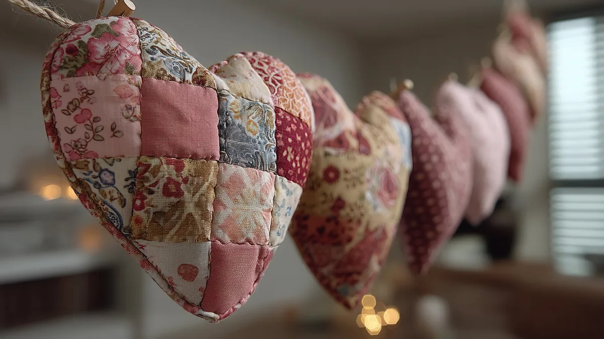 BZ-TDW-Vorproduktion-3spalter-jgl valentine day in patchwork style concept. Colorful fabric hearts hanging in a cozy indoor setting.