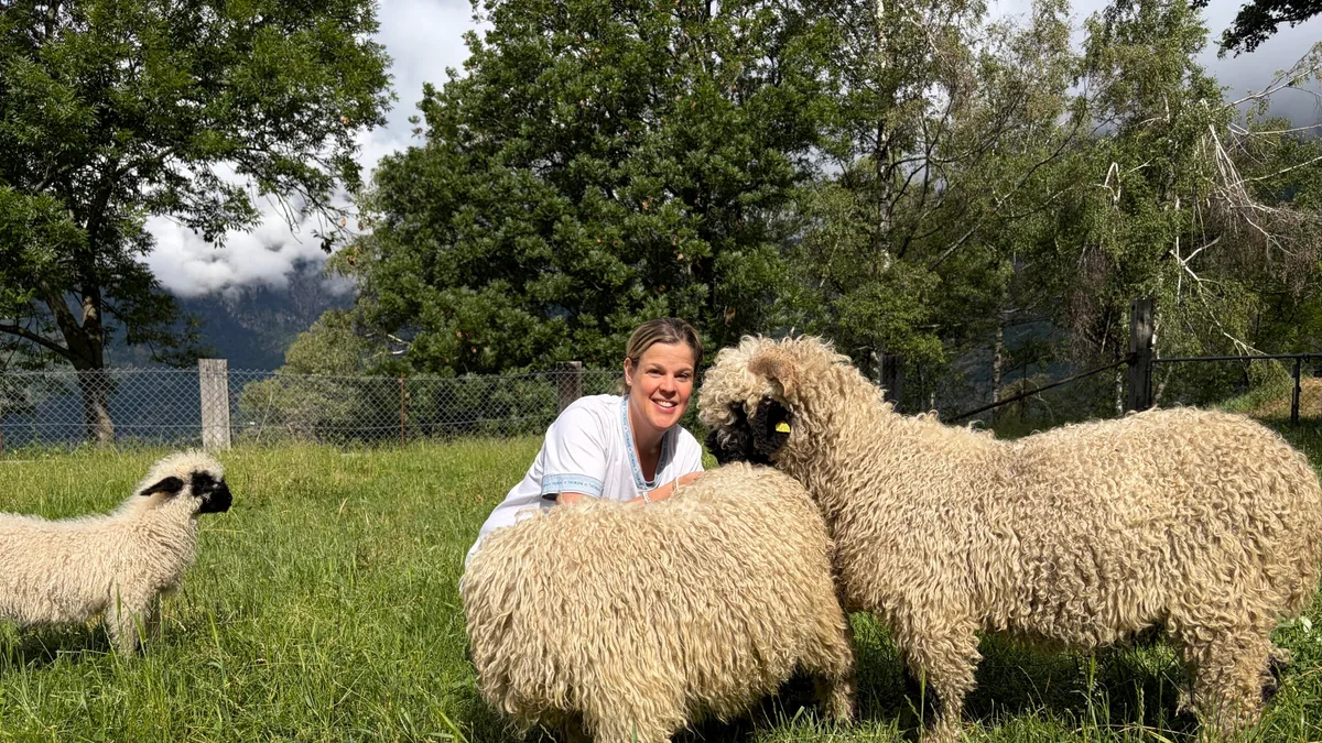 Weide-2 Alya Bärtschi mit den Widdern ihrer Herde von Schwarznasenschafen. Sie bleiben auch im Sommer auf ihrer Weide oberhalb von Termen.
