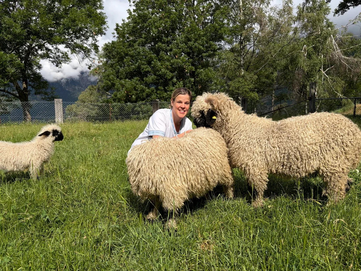 Alya Bärtschi mit den Widdern ihrer Herde von Schwarznasenschafen. Sie bleiben auch im Sommer auf ihrer Weide oberhalb von Termen.