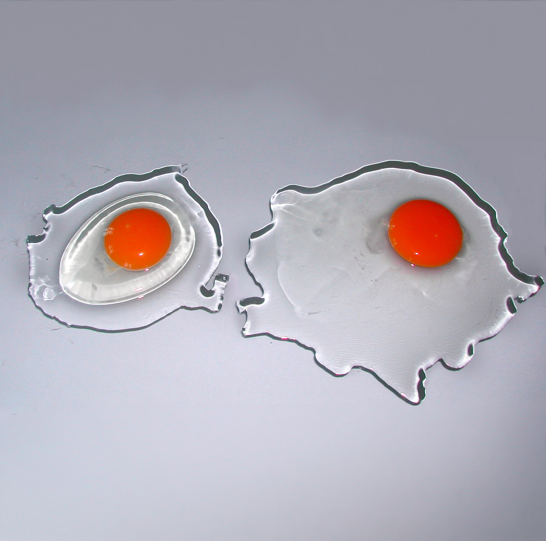 Ein frisches Ei (links) weist ein kompaktes, dickflüssiges Eiklar auf. Bei hohen Temperaturen (rechts) verflüssigt sich das dickflüssige Eiweiss rascher.