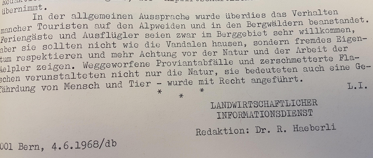 In den Mitteilungen des L.I. vom 4.6.1968 wird das Verhalten der Alpenbesucher beanstandet. (Bild lid)