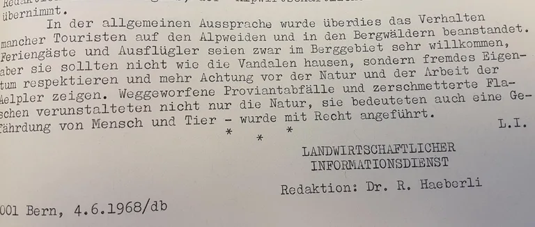 15c56cece850deb2423dcf7e4c7ef0798d2b0701 In den Mitteilungen des L.I. vom 4.6.1968 wird das Verhalten der Alpenbesucher beanstandet. (Bild lid)