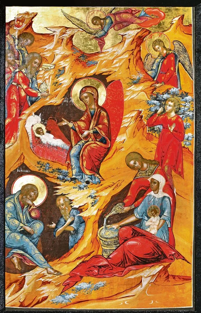 e568a5d3be8a6f96a42f9f880d46e6c90ec074dae0f2917ae88b372a399eac9d Nebendraussen: Die Weihnachts-Ikonen der orthodoxen Kirchen zeigen einen zweifelnden Josef (unten links), der so gar nicht im Mittelpunkt des Geschehens steht.